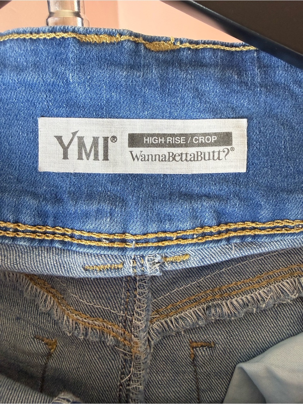 YMI WannaBettaButt High-Rise Crop Jeans in Medium Blue with Gold Stitching